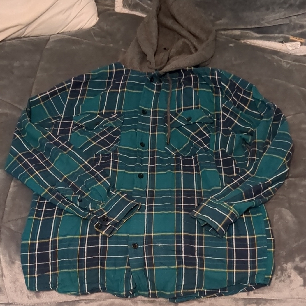 No Boundaries Blue Plaid Shirt with Gray Hood